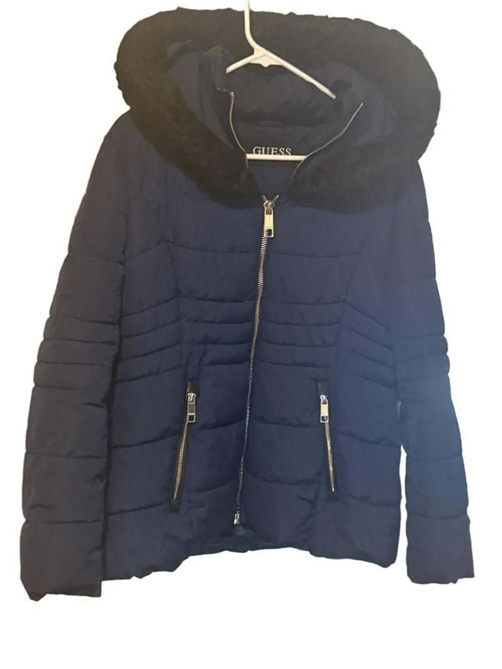 Guess Puffer Jacket Size L Blue Faux Fur Hood